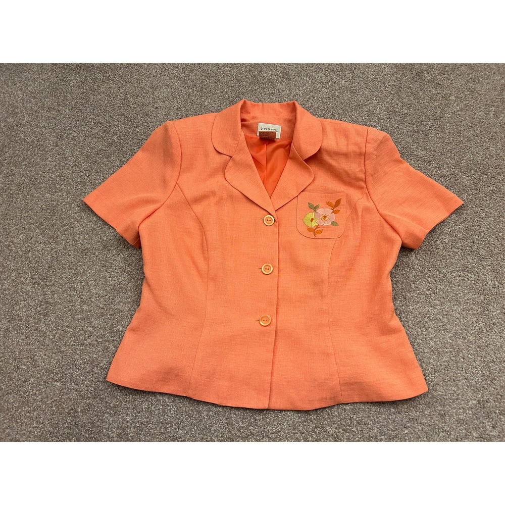 Koret Blazer Top Womens 10P Orange Excellent Floral Embroidered Short Sleeve